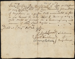 Abigail Cole indentured to apprentice with John Shaw of Raynham