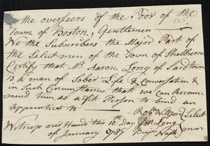 Benony Harris Champlen indentured to apprentice with Aaron [Aron] Long of Shelburne