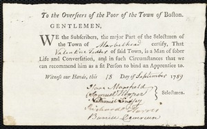 John Burkhart indentured to apprentice with Valentine Tedder of Marblehead