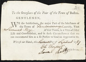 Rhode Negars indentured to apprentice with Samuel Joy of Goldsborough
