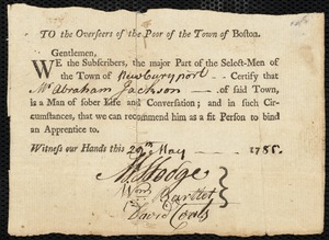 Susannah [Sussana] Lewis indentured to apprentice with Abraham Jackson of Newburyport