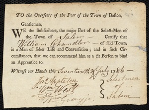 Benjamin Scott indentured to apprentice with William Chandler, Jr. of Salem