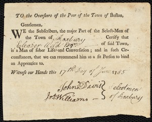 Elizabeth Patten indentured to apprentice with Eleazer Weld of Roxbury