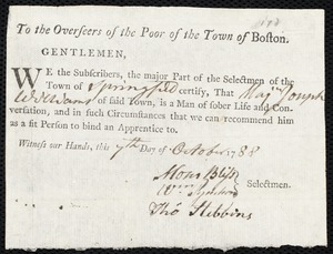 Jane Sigourney indentured to apprentice with Joseph Williams of Springfield