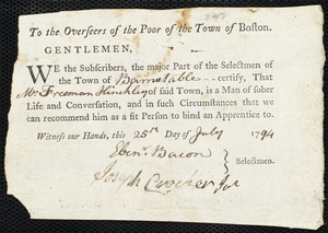 James Henl[e]y indentured to apprentice with Freeman Hinckley [Hinkley] of Barnstable
