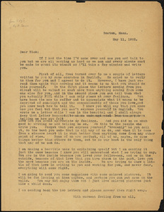 Sacco-Vanzetti Defense Committee typed letter (copy) to Nicola Sacco, [Boston], 11 May 1922