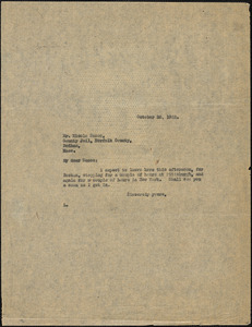 Typed note to Nicola Sacco, Boston, 26 October 1922