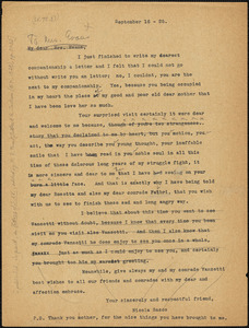 Nicola Sacco typed letter (copy) to Elizabeth Glendower Evans, [Dedham], 16 September 1925