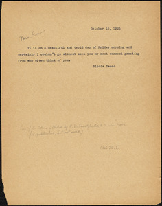 Nicola Sacco typed note (copy) to [Elizabeth Glendower Evans], [Dedham], 15 October 1925