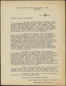 Nicola Sacco typed note (copy) to &quot;My dear Friends and Comrades&quot;, [Dedham], 20 October 1925