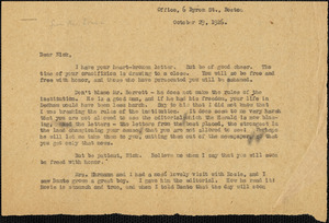 Elizabeth Glendower Evans typed letter (copy) to Nicola Sacco, Boston, 29 October 1926October 29, 1926