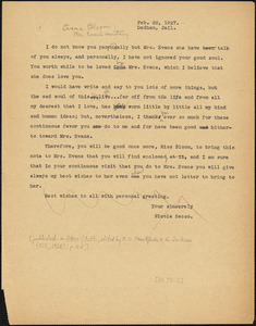 Nicola Sacco typed letter (copy) to Anna Bloom, Dedham, 22 February 1927