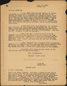 Nicola Sacco typed letter (copy) to &quot;Auntie be&quot; [Elizabeth Glendower Evans], Dedham, 27 March 1927