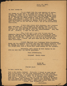 Nicola Sacco typed note (copy of postcard) to &quot;Auntie Be&quot; [Elizabeth Glendower Evans], Dedham, 28 March 1927