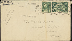 J.W. Benton empty envelope addressed to Nicola Sacco, Granda, Minn, April 1927