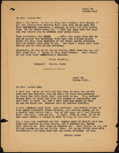 Nicola Sacco typed note (copy) to &quot;Auntie Be&quot; [Elizabeth Glendower Evans], Dedham, 10 April 1927 ; Nicola Sacco typed note (photocopy) to &quot;Auntie Be&quot; [Elizabeth Glendower Evans], Dedham, 25 April 1927