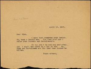 Elizabeth Glendower Evans typed note (copy) to Nicola Sacco, [Boston?], 13 April 1927