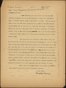 Nicola Sacco typed letter (copy) to &quot;Auntie Bee&quot; [Elizabeth Glendower Evans], Dedham, 27 April 1927