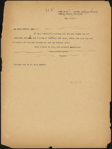 Nicola Sacco typed note (copy of postcard) to &quot;Auntie Bee&quot; [Elizabeth Glendower Evans], [Dedham], 3 May 1927