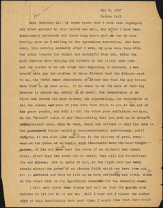 Nicola Sacco typed letter (copy) to Elizabeth Glendower Evans, Dedham, 5 May 1927