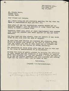 Warren Starr Van Valkenburgh typed letter (copy) to &quot;Dear Friend and Comrade&quot; (Nicola Sacco), New York, 1927 May 15