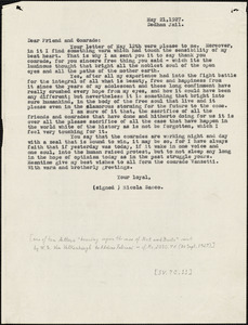 Nicola Sacco typed letter (copy) to &quot;Dear Friend and Comrade&quot; [Warren Starr Van Valkenburgh], Dedham, 21 May 1927