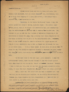 Nicola Sacco typed letter (copy) to &quot;Auntie Be&quot; [Elizabeth Glendower Evans], [Dedham], 29 June 1927