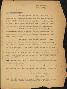 Nicola Sacco typed letter (copy) to &quot;My Dear Auntie Be&quot; [Elizabeth Glendower Evans], Dedham, 29 June 1927