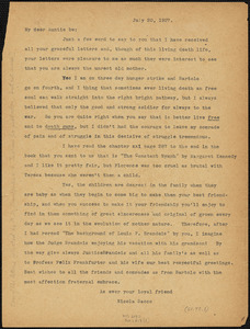 Nicola Sacco typed letter (copy) to &quot;Auntie Be&quot;, [Charlestown], 20 July 1927