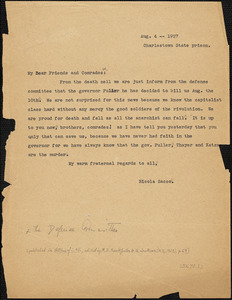 Nicola Sacco typed letter (copy) to &quot;My dear Friends and Comrades&quot; (Sacco-Vanzetti Defense Committee, Boston, MA), Charlestown, 4 August 1927