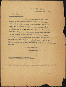 Nicola Sacco typed letter (copy) to &quot;My dear Auntie Bee&quot; [Elizabeth Glendower Evans], Charlestown, 12 August 1927