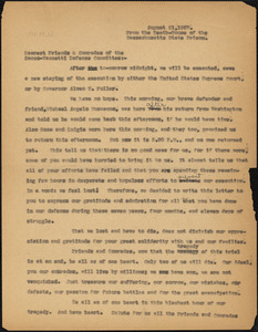 Nicola Sacco and Bartolomeo Vanzetti typed letter (copy) to &quot;Dearest Friends and Comrades of the Sacco-Vanzetti Defense Committee&quot;, Boston, MA, from the Death-House of the Massachusetts State Prison, 21 August 1927