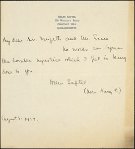 Helen Saftel autographed note signed to [Nicola] Sacco and [Bartolomeo] Vanzetti, Chestnut Hill, Mass., 8 August 1927			 			 