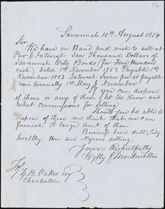Wylly &amp; Montmollin, Savannah, Ga., manuscript letter signed to Ziba B. Oakes, 10 August 1854