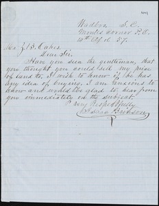 Isaac Brimson, Monk&#39;s Corner Post Office, S.C., autograph note signed to Ziba B. Oakes, 14 April 1857