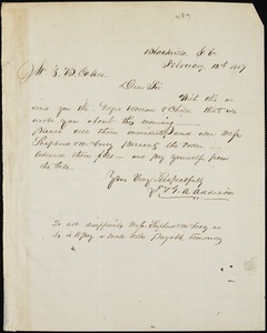 T. &amp; G.A. Addison, Blackville, S.C., manuscript letter signed to Ziba B. Oakes, 12 February 1857