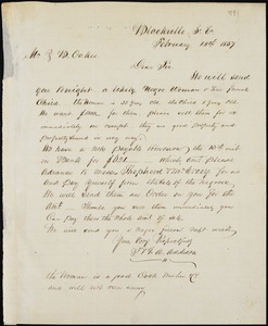T. &amp; G.A. Addison manuscript letter signed to Ziba B. Oakes, 12 February 1857