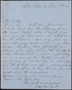 William T. Whaley, Jr., John&#39;s Island, S.C., autograph letter signed to Ziba B. Oakes, 5 June 1854