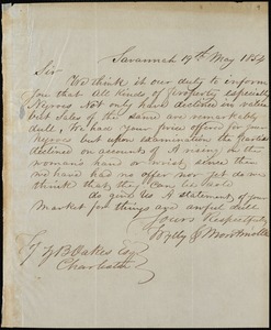 Wylly &amp; Montmollin, Savannah, Ga., manuscript letter signed to Ziba B. Oakes, 19 May 1854