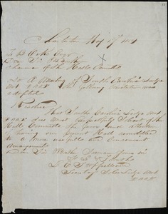 Independent Order of Oddfellows, Charleston; S.C., autograph letter signed to Ziba Oakes, 17 May 1854
