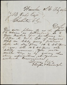Hughes &amp; Randolph, Winnsborough, manuscript letter signed to Ziba B. Oakes, 20 February 1854