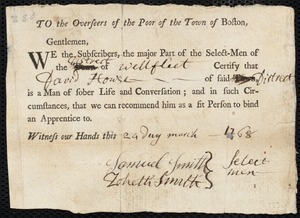 Nathanael Corbett indentured to apprentice with David Howse of Wellfleet