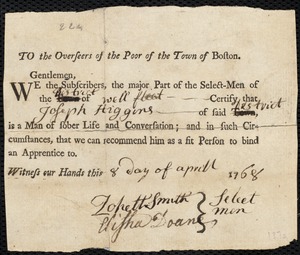 Joseph Gary [Gray] indentured to apprentice with Joseph Higgins of Wellfleet