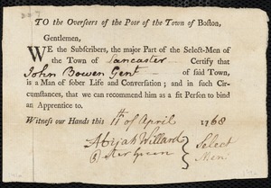 Elizabeth Mumford indentured to apprentice with John Bowen of Lancaster