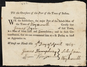 Elizabeth Corbin indentured to apprentice with James Dyer [Dyar] of Weymouth
