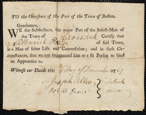 Katharine Fritzgerald indentured to apprentice with Nathaniel [Nathanael] Page of Hardwick
