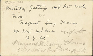 Margaret [Loring?] Thomas autographed note (postcard) signed to Bartolomeo Vanzetti, New York, 17 June 1923
