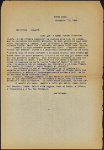 Bartolomeo Vanzetti typed letter (copy) to Luigia Vanzetti, Dedham, 11 November 1923