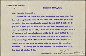 Theodore Debs typed letter signed to Bartolomeo Vanzetti, Terra Haute, Ind., 11 December 1923