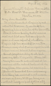 Bartolomeo Vanzetti autographed letter signed to Almeto [Fabbri], [Charlestown], 18 April 1924